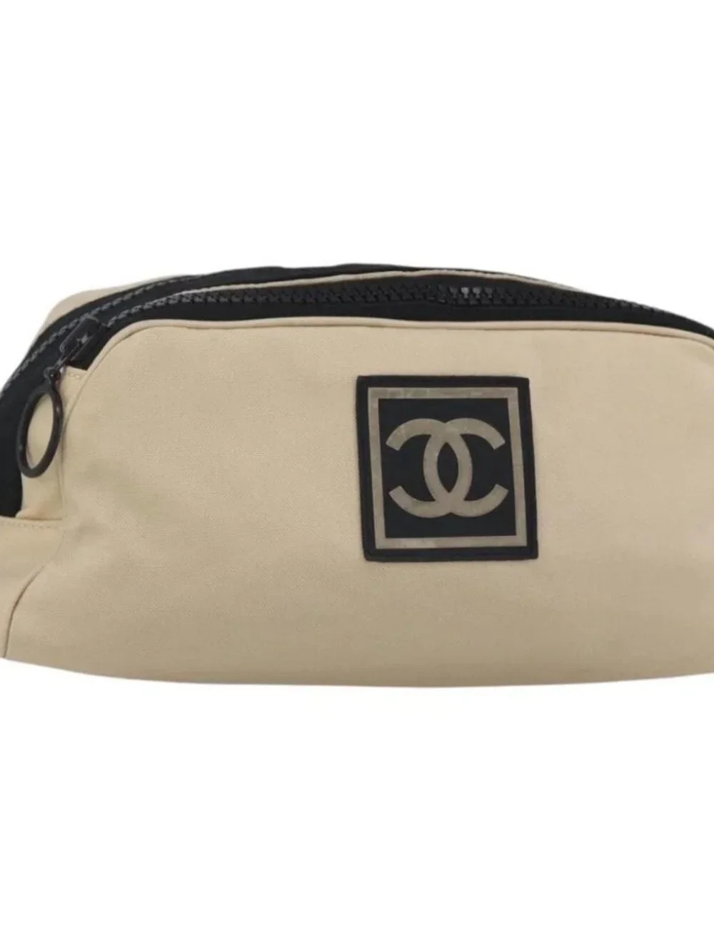 CHANEL Sports Clutch Bag Nylon Beige Black CC Auth BA8411